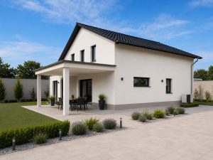 Modernes Einfamilienhaus. Beispiel für modernes Hausbauen im Massivhausstil.
